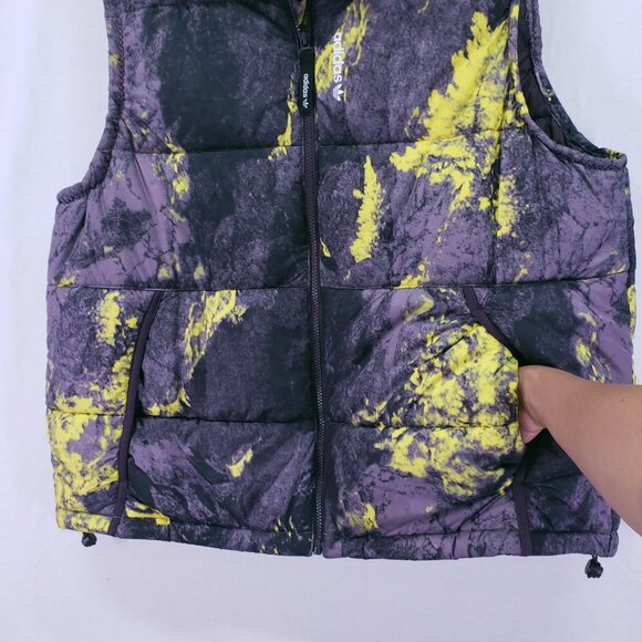 Adidas Adventure Purple Yellow Splatter Print Quilted Puffer Jacket Vest Hooded - Picture 6 of 15